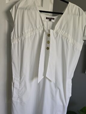 Adrienne Vittadini White Tie-Neck Shift Dress with Gold Buttons